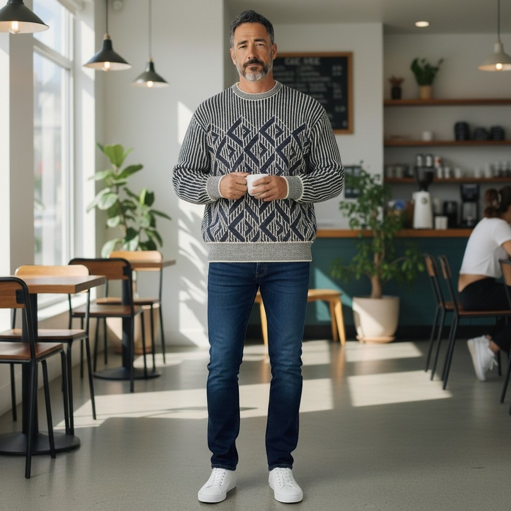 Vintage Mens Sweater Blue Geometric Wool Blend Made in Italy Lg Grandpacore 90s